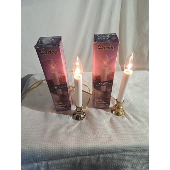 VTG Darice Welcome Candle Lamp Christmas Window Electric Round Brass Set 2 - Picture 1 of 5
